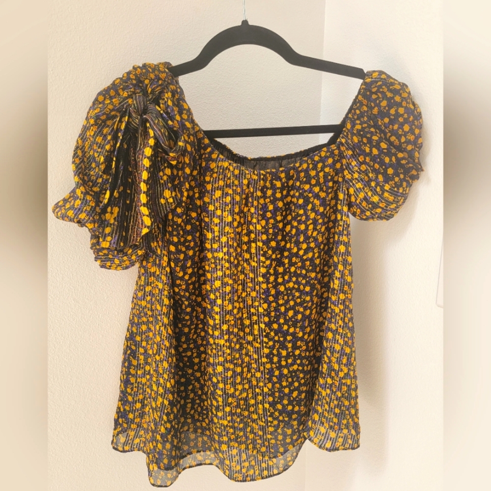 Ulla Johnson and Barneys One Shoulder Bow Tie Metallic Black Floral Top Size 2